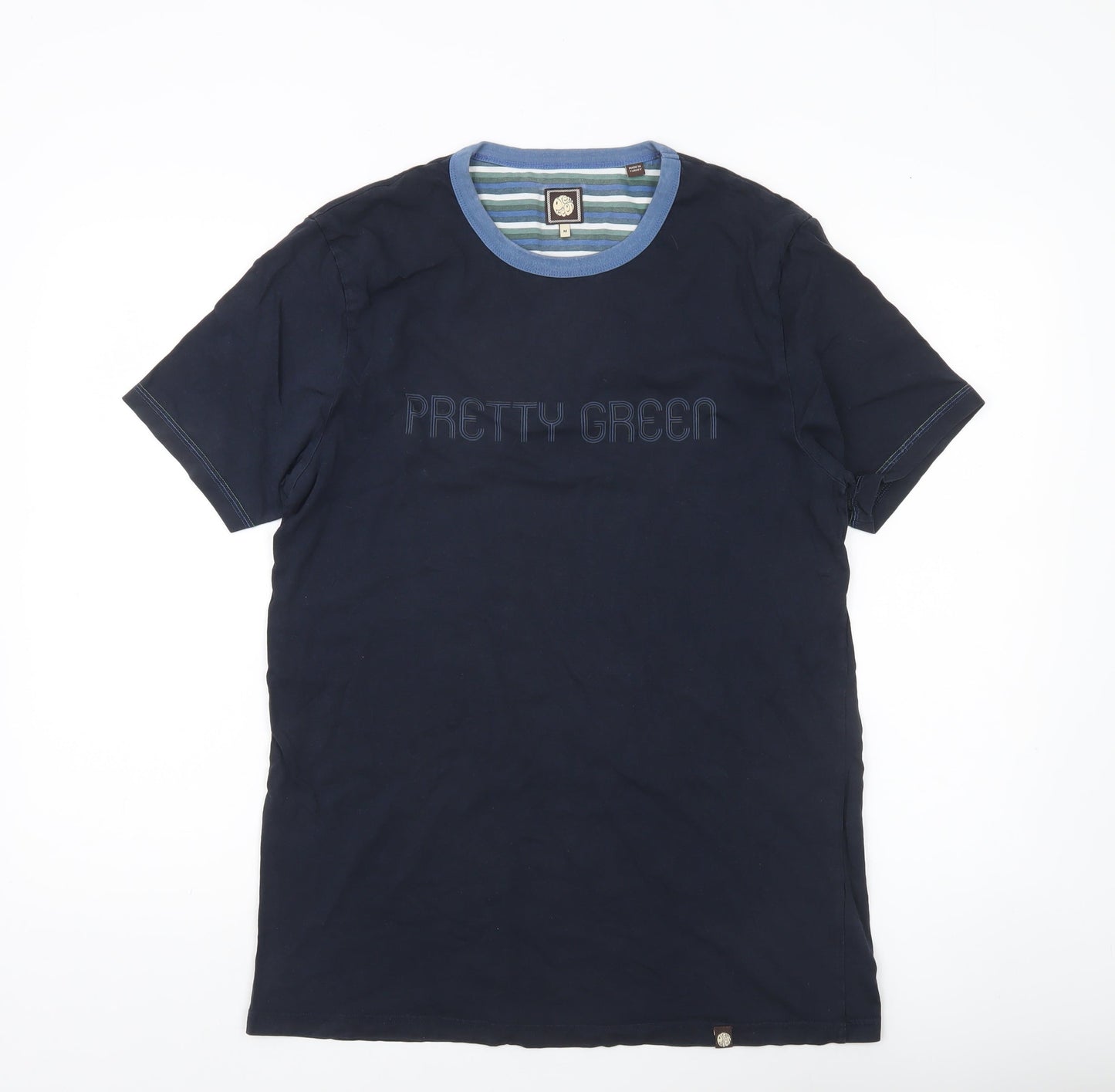 Pretty Green Men’s Navy Blue Crew Neck Cotton T-Shirt Size M Regular Fit