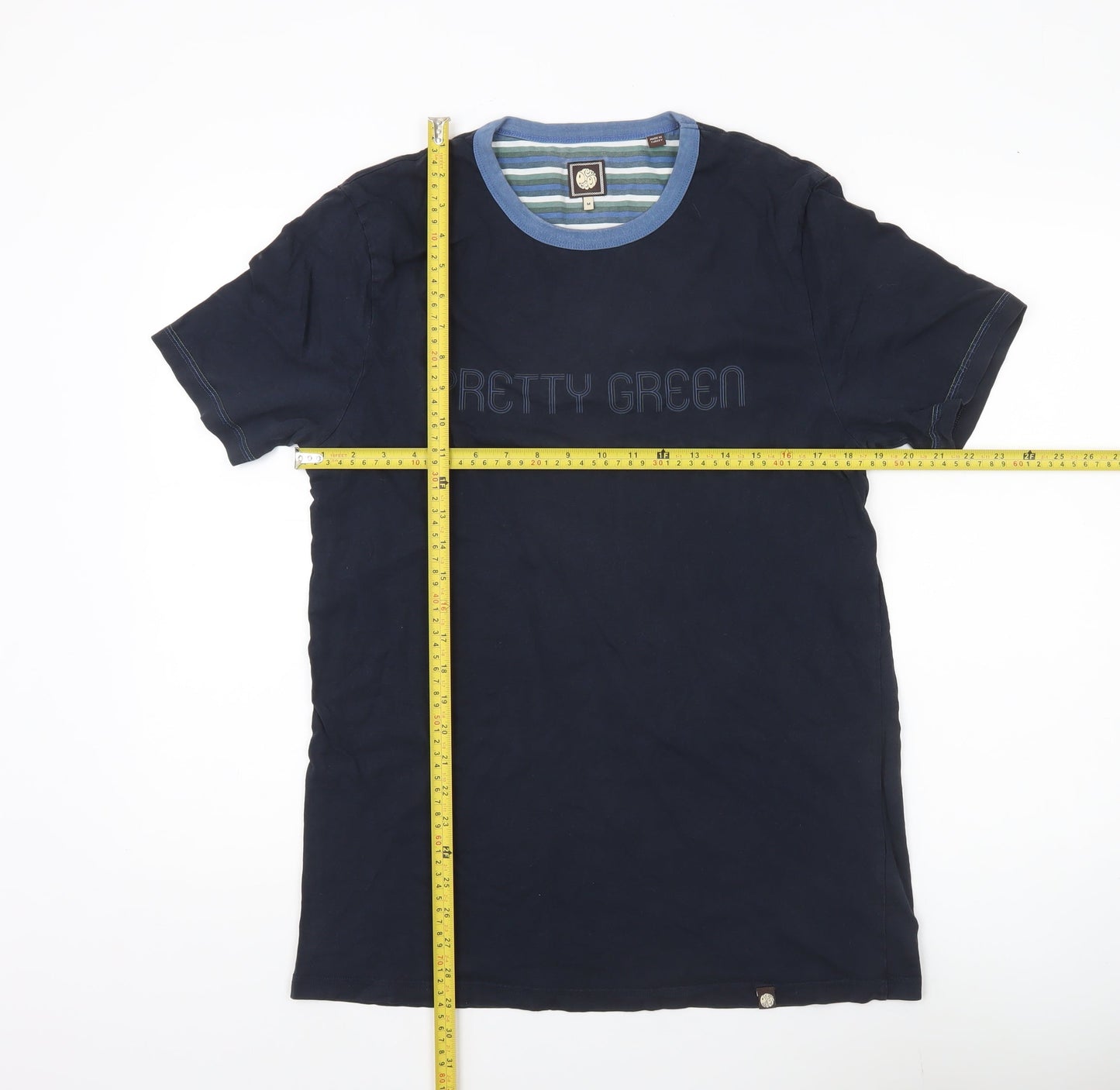 Pretty Green Men’s Navy Blue Crew Neck Cotton T-Shirt Size M Regular Fit