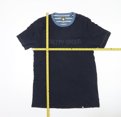 Pretty Green Men’s Navy Blue Crew Neck Cotton T-Shirt Size M Regular Fit