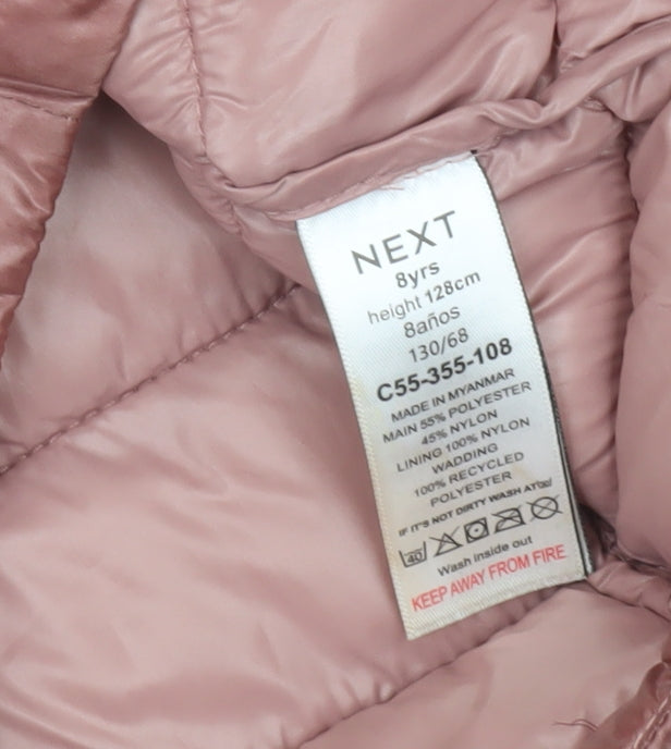Next Girls Pink Puffer Jacket Age 8 Years Hooded Mid-Length Quilted Coat