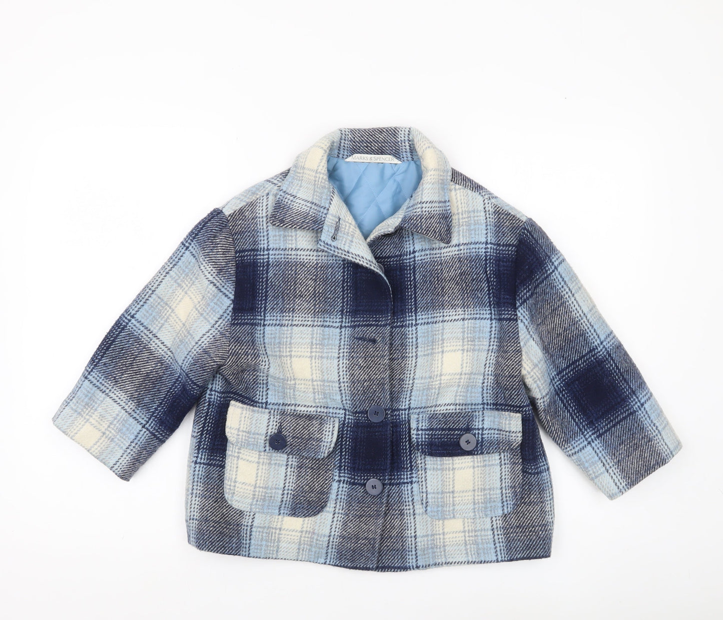 Marks and Spencer Girls Blue Checked Wool Blend Coat Age 5-6 Years