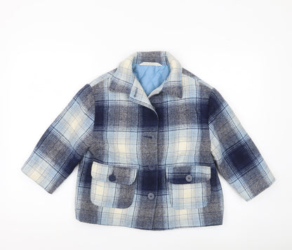 Marks and Spencer Girls Blue Checked Wool Blend Coat Age 5-6 Years
