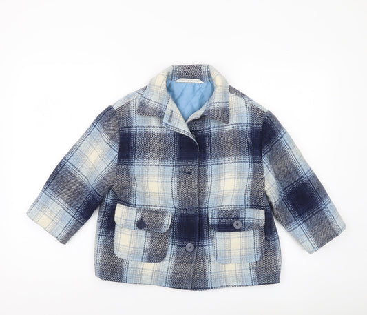 Marks and Spencer Girls Blue Checked Wool Blend Coat Age 5-6 Years