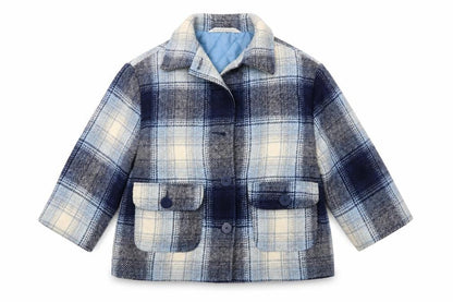 Front view of Marks & Spencer girls’ blue checked wool blend coat age 5-6 years