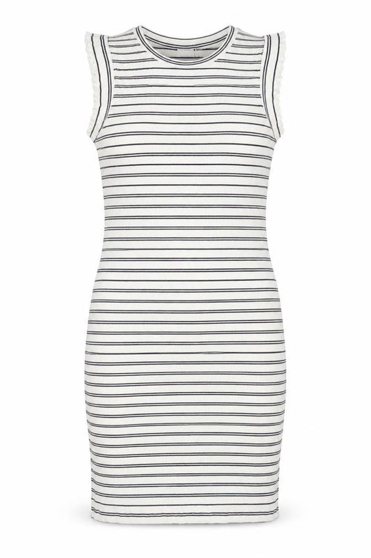 Front view of ICHI Women’s White Striped Bodycon Dress M Classic Sleeveless