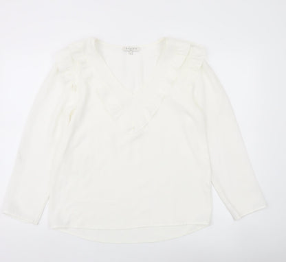 Purple's Womens White Ruffle V-Neck Long Sleeve Tunic Blouse Size L