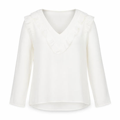 Purple's Womens White Ruffle V-Neck Long Sleeve Tunic Blouse Size L