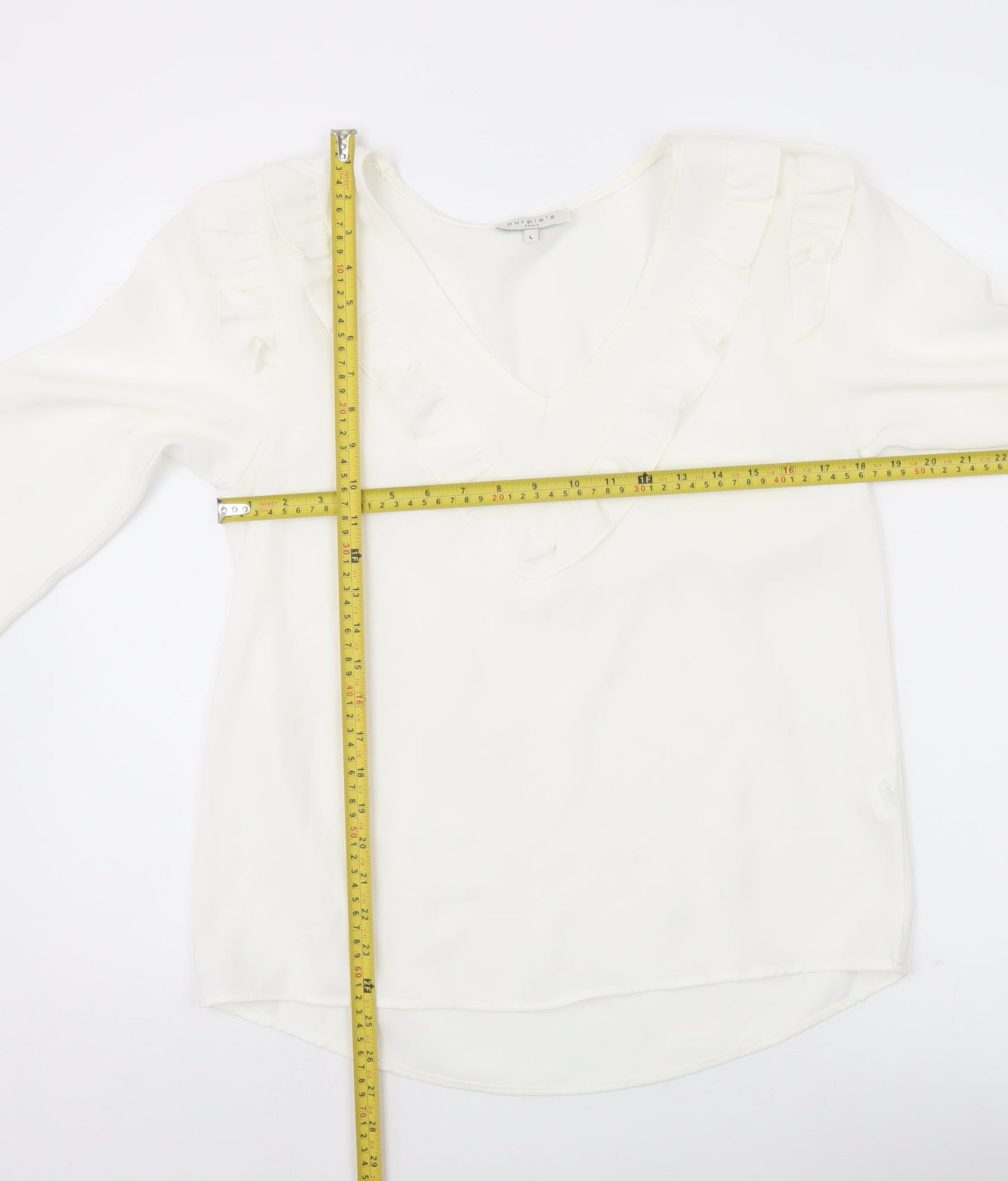 Purple's Womens White Ruffle V-Neck Long Sleeve Tunic Blouse Size L
