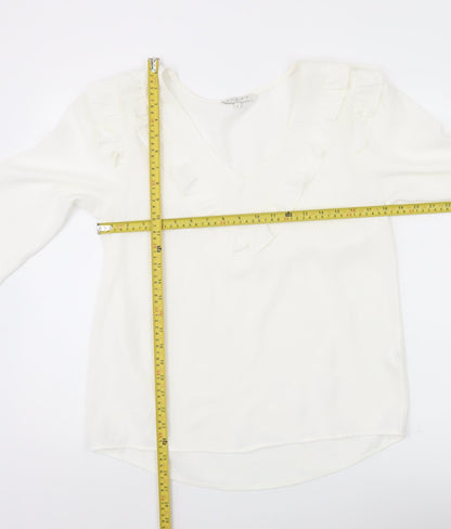Purple's Womens White Ruffle V-Neck Long Sleeve Tunic Blouse Size L