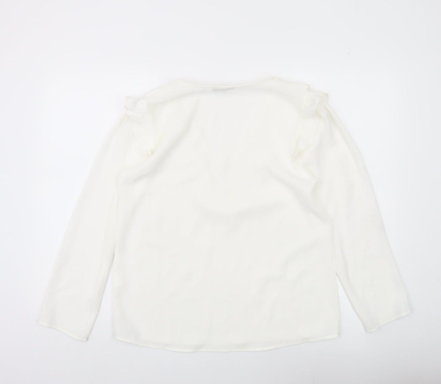 Purple's Womens White Ruffle V-Neck Long Sleeve Tunic Blouse Size L