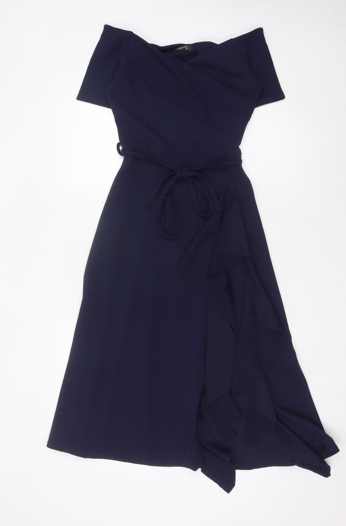 FeverFish Women’s Blue Midi Wrap Dress Size 8 Short Sleeve V-Neck