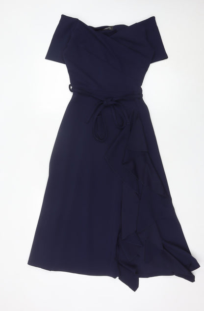 FeverFish Women’s Blue Midi Wrap Dress Size 8 Short Sleeve V-Neck