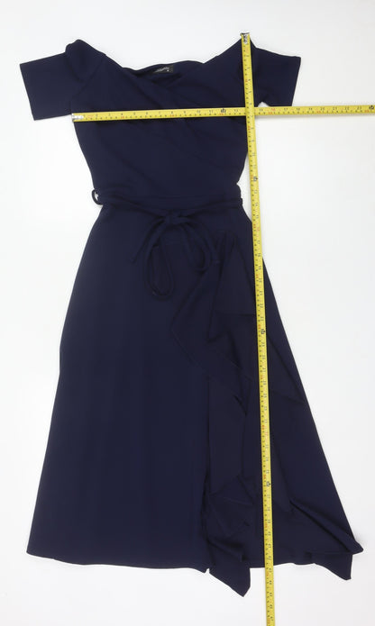 FeverFish Women’s Blue Midi Wrap Dress Size 8 Short Sleeve V-Neck