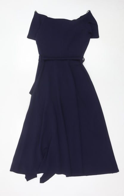 FeverFish Women’s Blue Midi Wrap Dress Size 8 Short Sleeve V-Neck