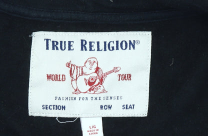True Religion Men’s Black Full Zip Hoodie Size L Logo Graphic Cotton