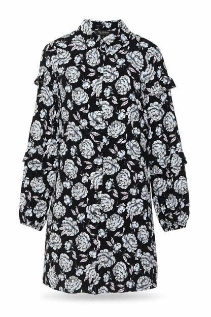 Front view of Miss Selfridge Women’s Black Floral Shirt Dress, size UK 8, Viscose