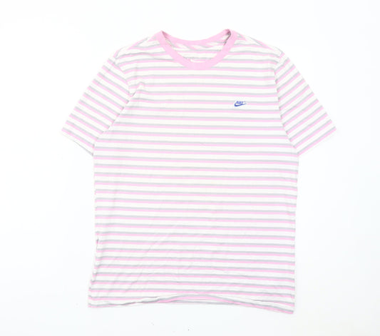 Nike Men's Pink Striped Crew Neck Cotton T-Shirt Size M