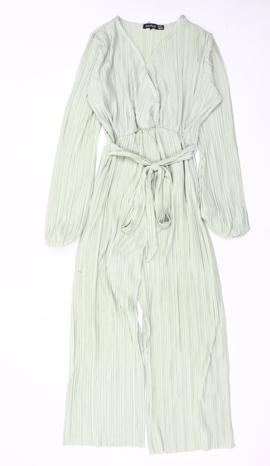 Boohoo Women’s Green Belted Wide Leg Jumpsuit Size 10