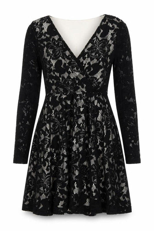 Front view of ASOS Women Black, size 8, Floral Lace Skater Party Cocktail Dress