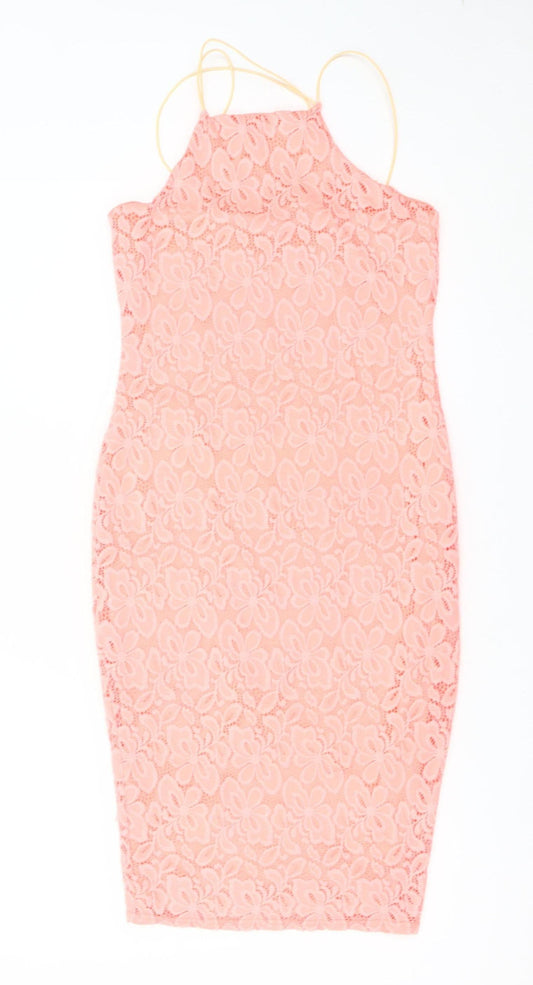 River Island Women Pink Lace Bodycon Dress Size 8 Sleeveless