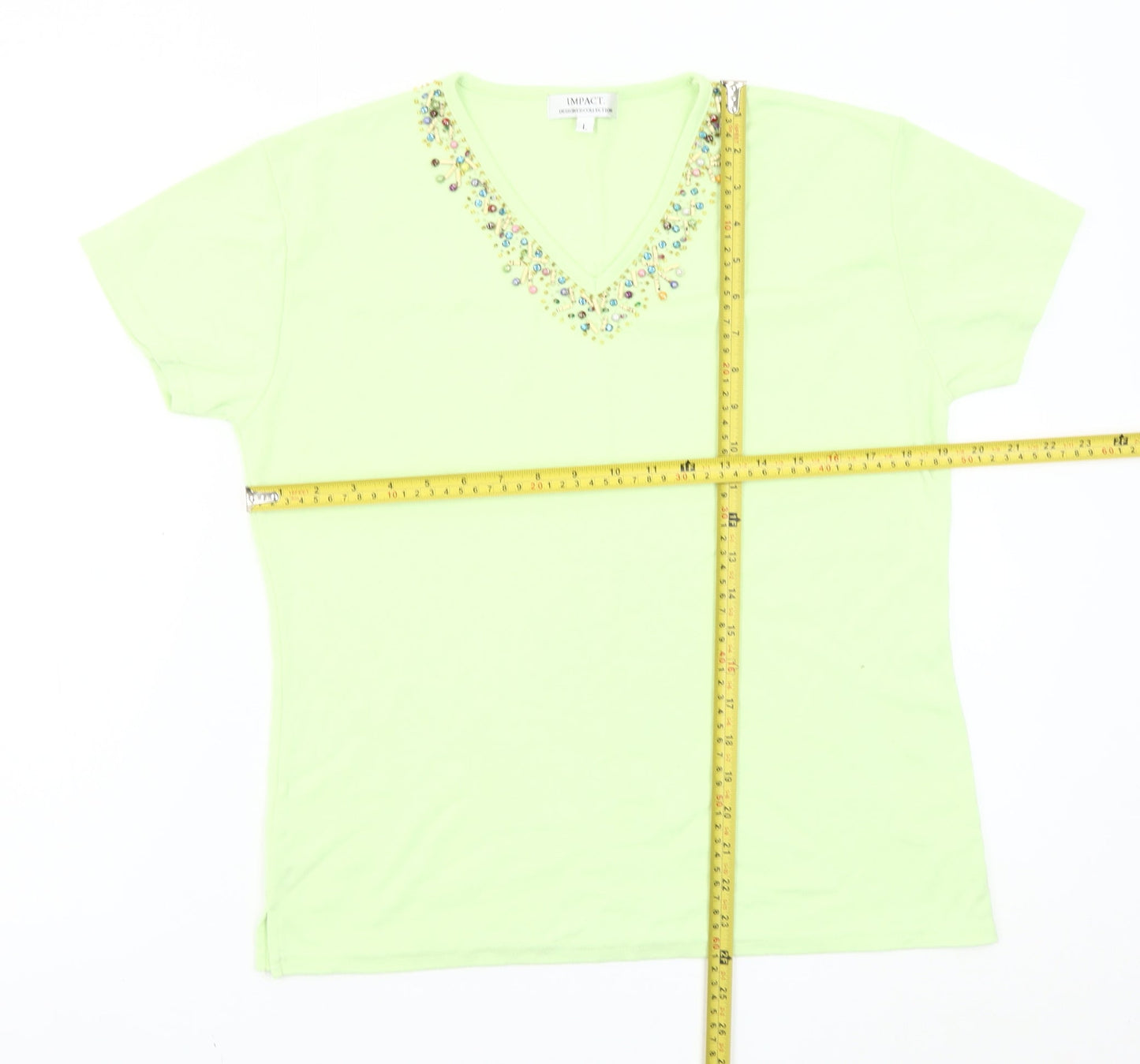 Impact Designer Collection Womens Green Beaded V-Neck Short Sleeve T-Shirt L
