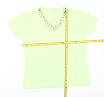 Impact Designer Collection Womens Green Beaded V-Neck Short Sleeve T-Shirt L