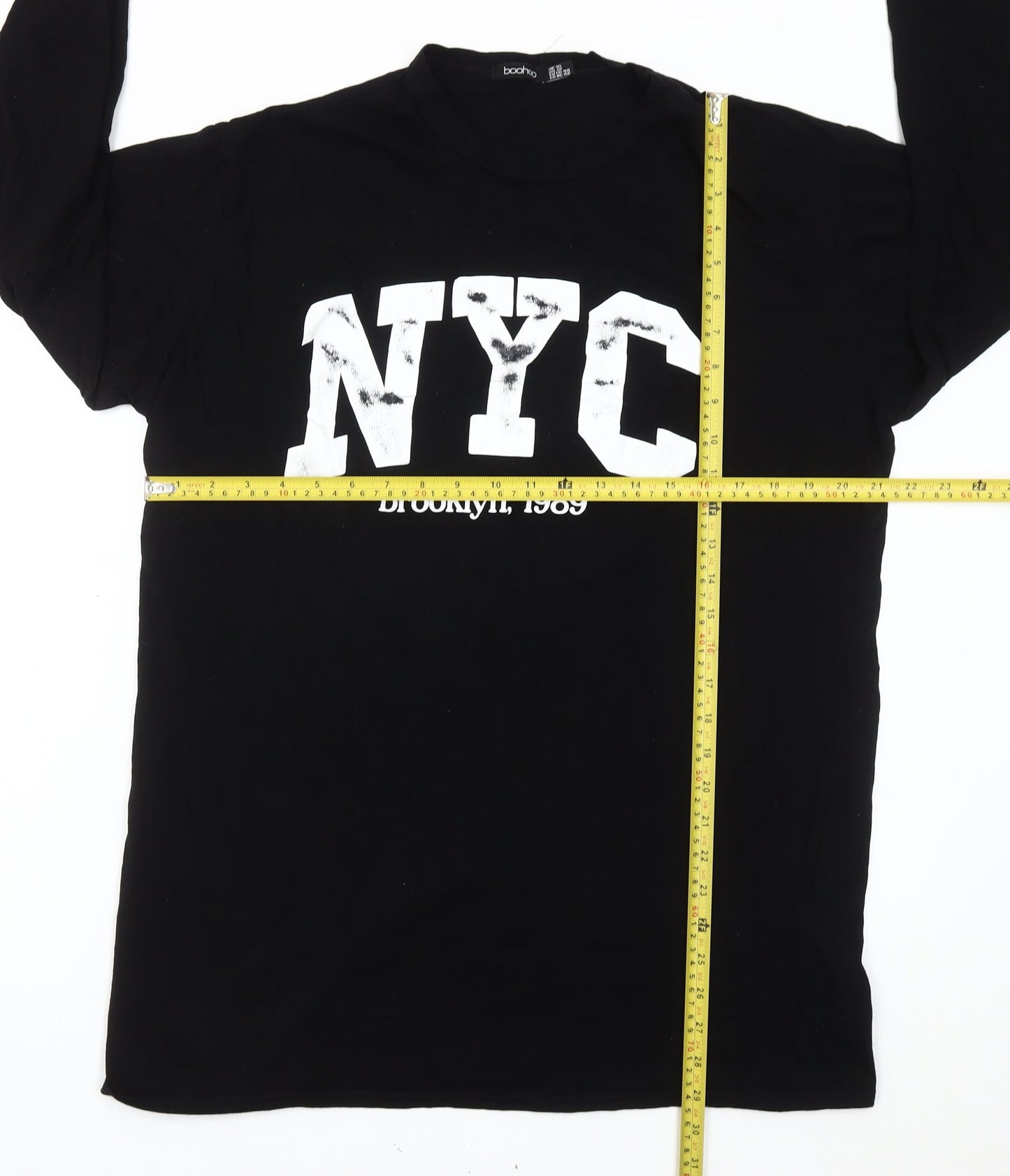 Boohoo Women Black NYC Graphic Long Sleeve Cotton T-Shirt Size 16