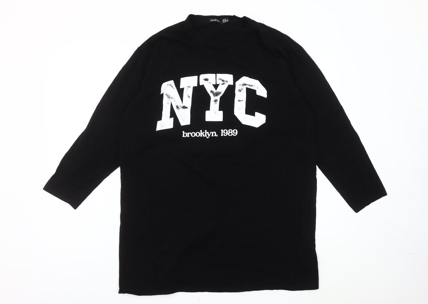 Boohoo Women Black NYC Graphic Long Sleeve Cotton T-Shirt Size 16