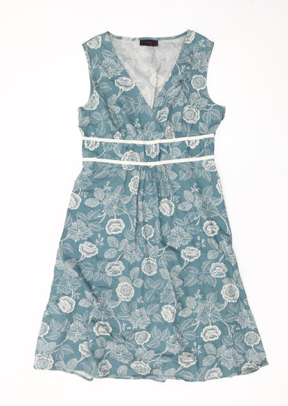 Next Womens Blue Floral A-Line Sleeveless Cotton Dress Size 14