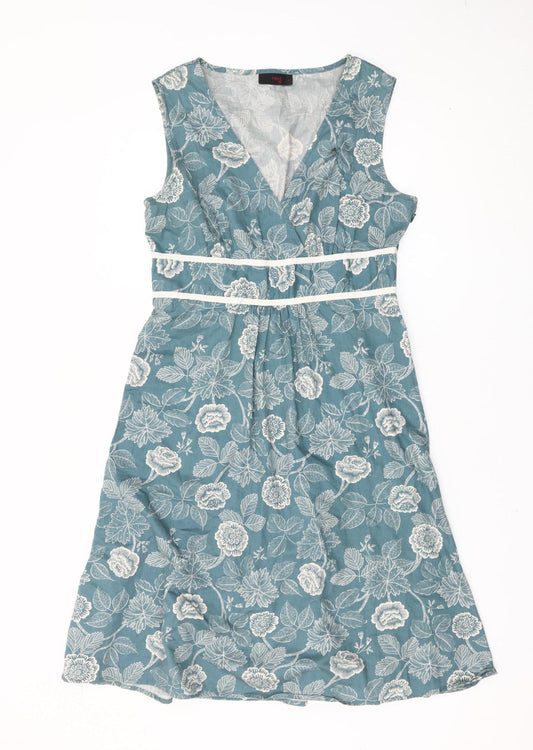 Next Womens Blue Floral A-Line Sleeveless Cotton Dress Size 14