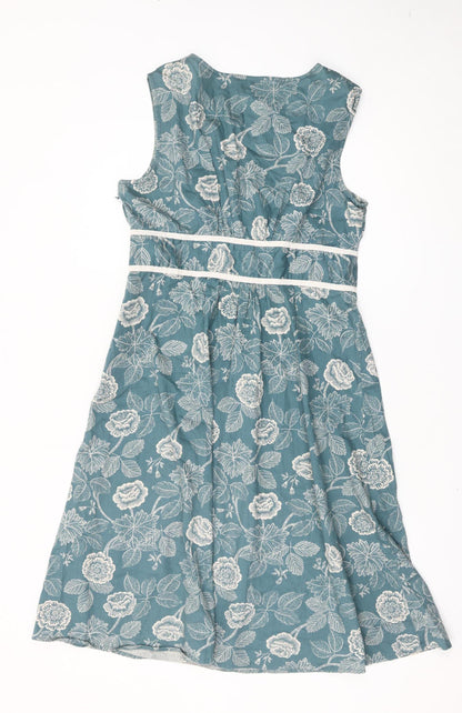 Next Womens Blue Floral A-Line Sleeveless Cotton Dress Size 14