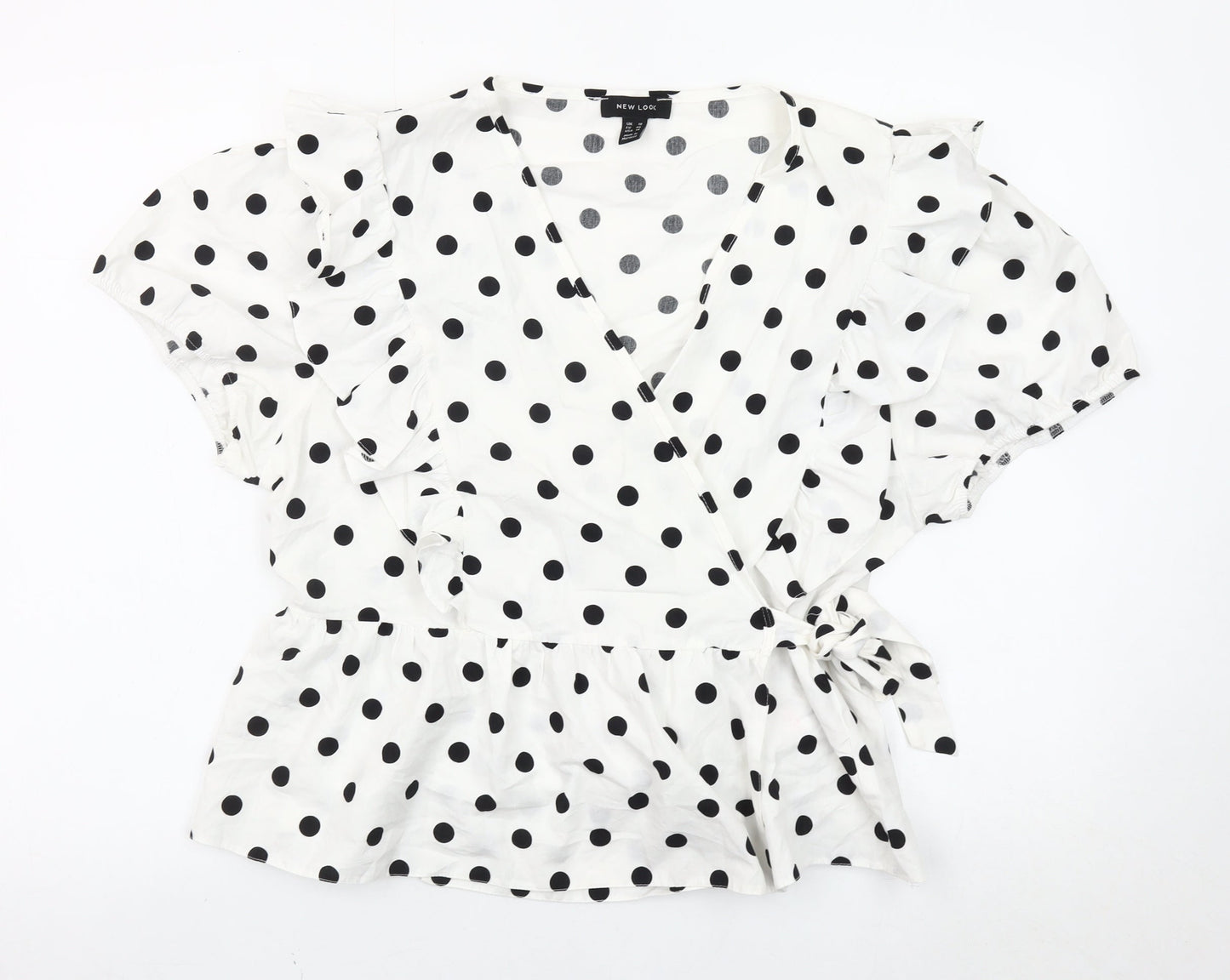 New Look Women’s White Polka Dot Wrap Blouse UK 18 Ruffle Short Sleeve