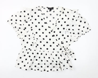 New Look Women’s White Polka Dot Wrap Blouse UK 18 Ruffle Short Sleeve