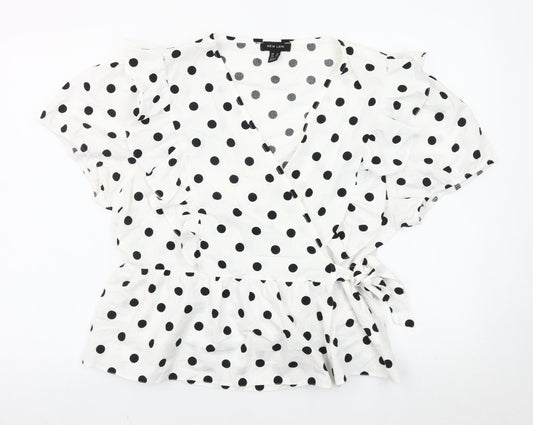 New Look Women’s White Polka Dot Wrap Blouse UK 18 Ruffle Short Sleeve