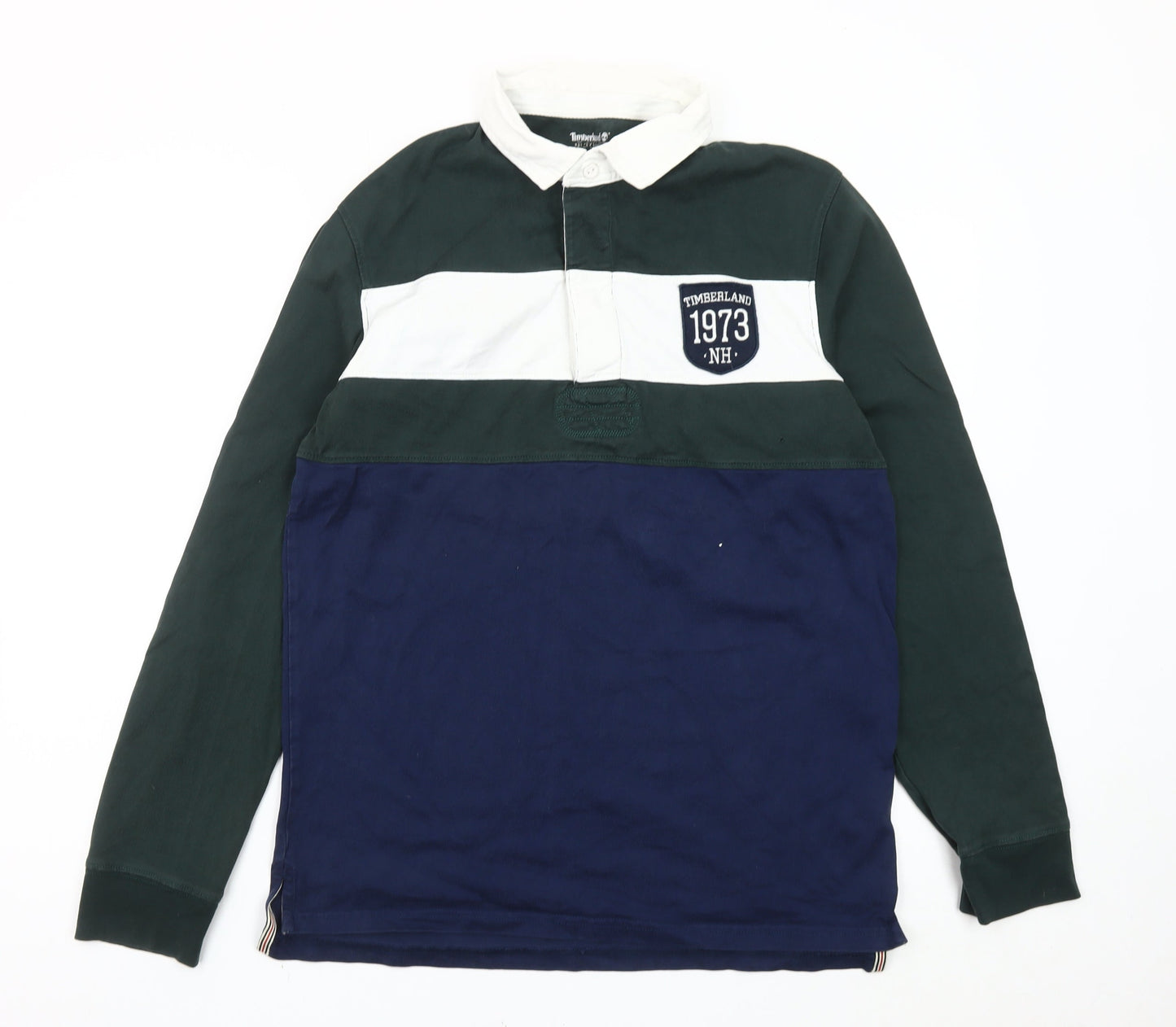 Timberland Men's Slim Fit Rugby Polo Green Blue White L Long Sleeve