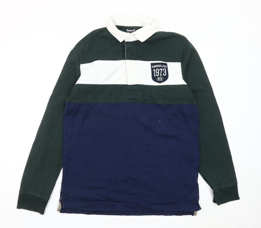Timberland Men's Slim Fit Rugby Polo Green Blue White L Long Sleeve