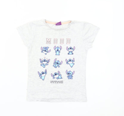 Disney Girls Grey Stitch Graphic T-Shirt 7-8 Years Casual Short Sleeve