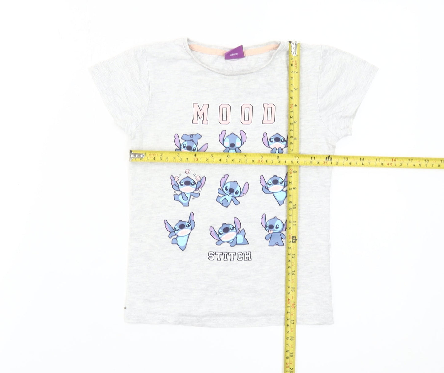 Disney Girls Grey Stitch Graphic T-Shirt 7-8 Years Casual Short Sleeve