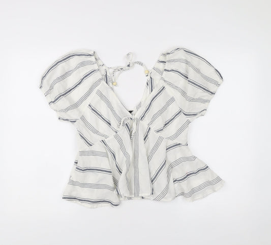 New Look Womens White Striped Cotton Boho Blouse Size 14
