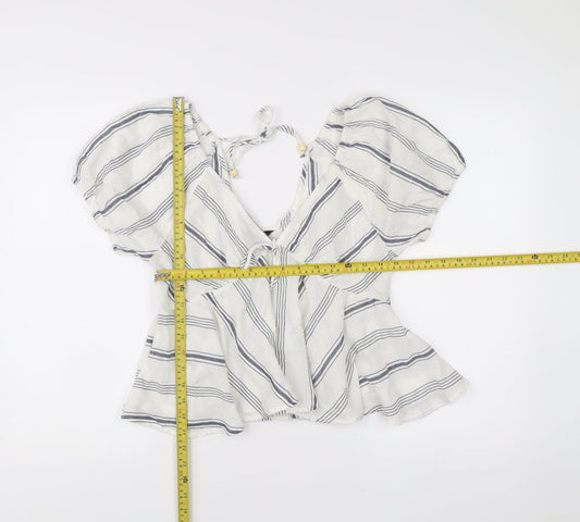 New Look Womens White Striped Cotton Boho Blouse Size 14