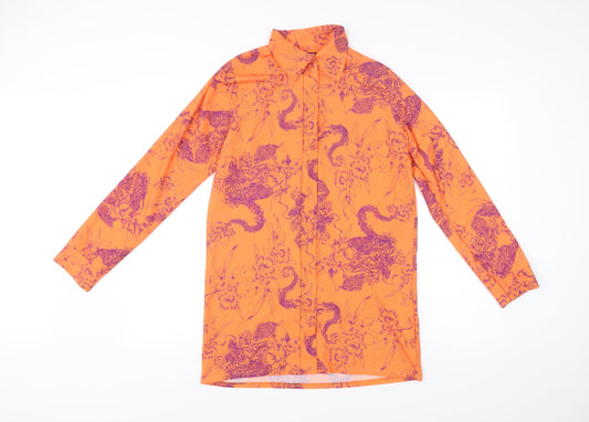 PrettyLittleThing Women’s Orange Floral Button-Up Shirt UK 8
