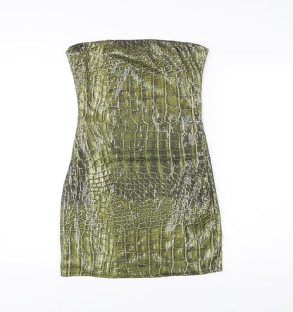 PrettyLittleThing Women Green Animal Print Sequin Strapless Bodycon Dress UK 14