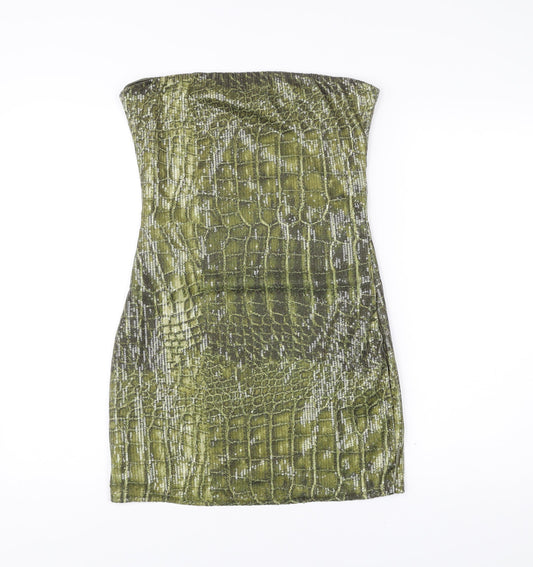 PrettyLittleThing Women Green Animal Print Sequin Strapless Bodycon Dress UK 14