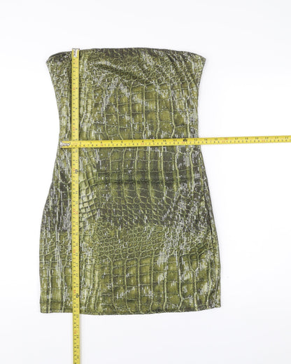 PrettyLittleThing Women Green Animal Print Sequin Strapless Bodycon Dress UK 14