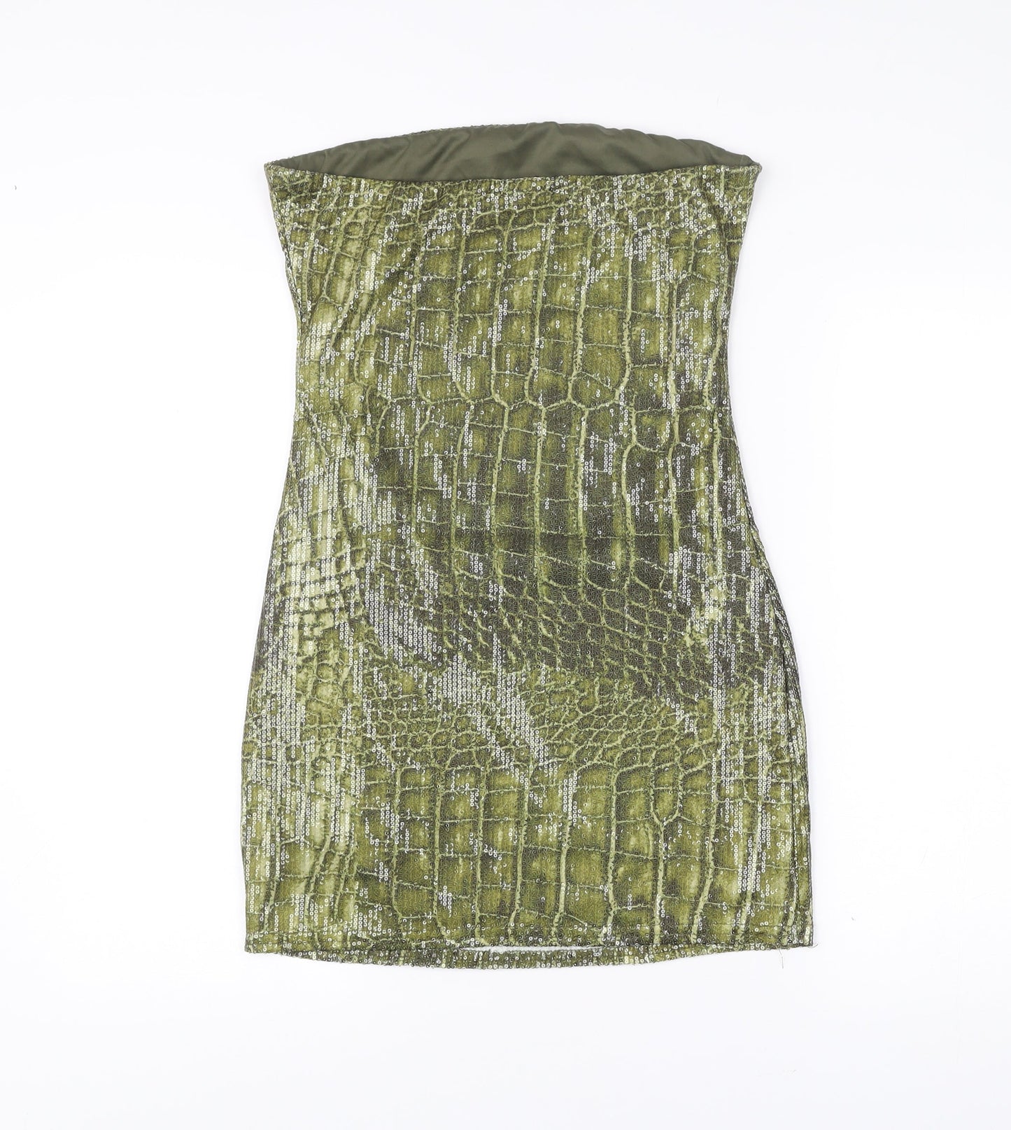 PrettyLittleThing Women Green Animal Print Sequin Strapless Bodycon Dress UK 14