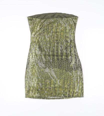 PrettyLittleThing Women Green Animal Print Sequin Strapless Bodycon Dress UK 14