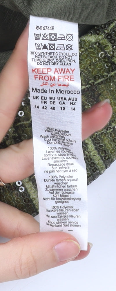 PrettyLittleThing Women Green Animal Print Sequin Strapless Bodycon Dress UK 14