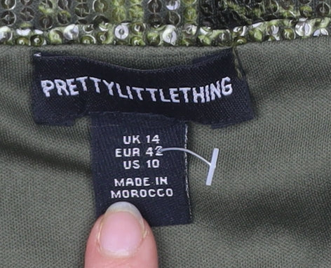 PrettyLittleThing Women Green Animal Print Sequin Strapless Bodycon Dress UK 14