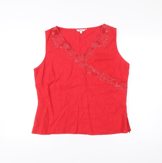 M&Co Women’s Red Linen Blend Sleeveless V-Neck Embroidered Tank Top Size 16