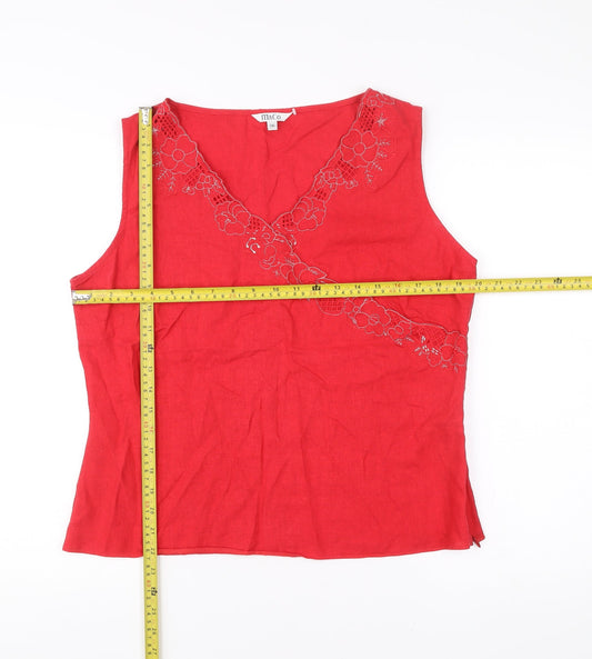 M&Co Women’s Red Linen Blend Sleeveless V-Neck Embroidered Tank Top Size 16